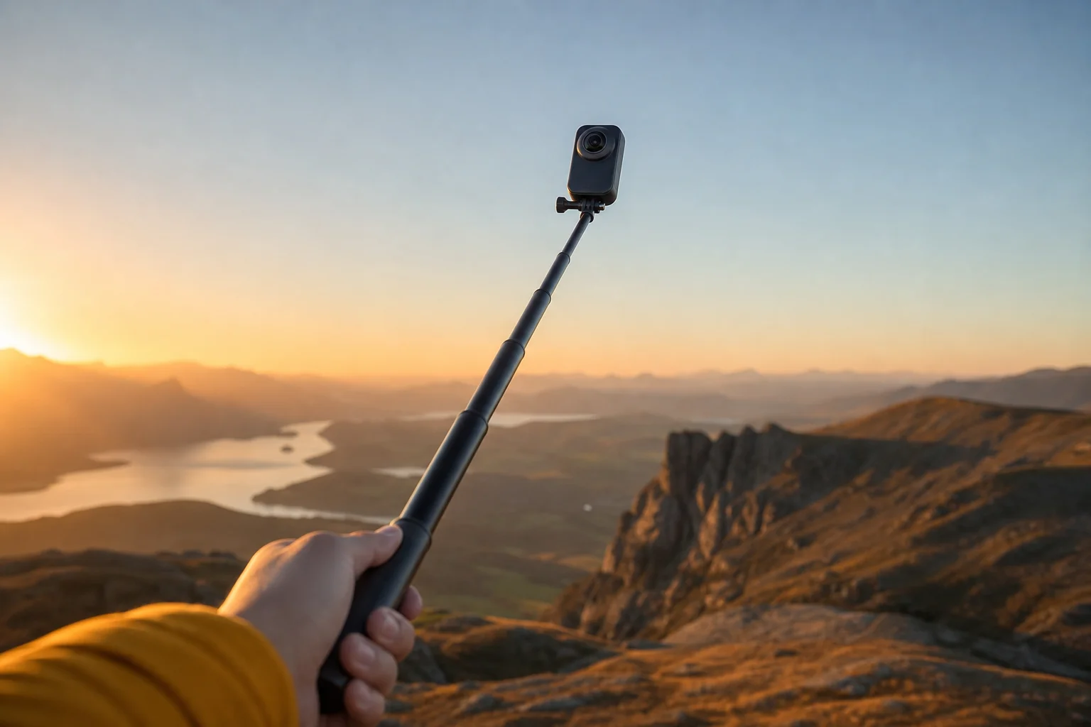 Action cam montata sull'estremità di un selfie stick durante riprese all'aperto