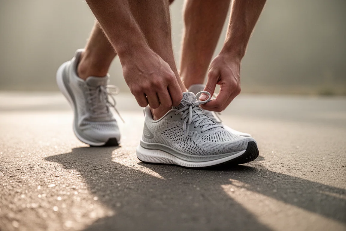 Runner lacing up lightweight running shoes before an easy morning run
