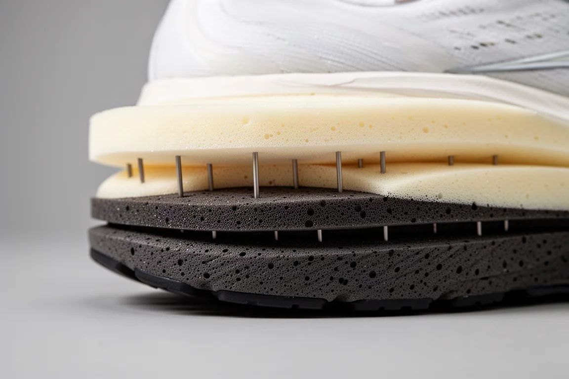 Close-up of a layered running shoe midsole showing two foam densities