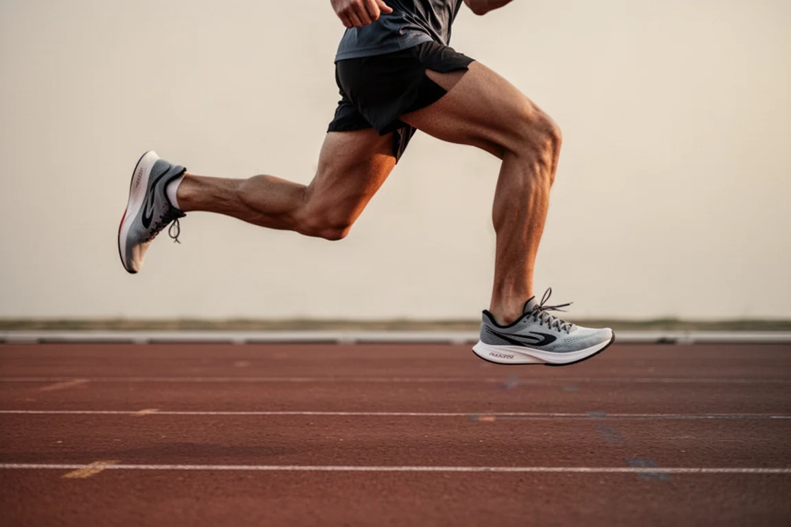 Runner moving fast on a track in low-profile racing shoes