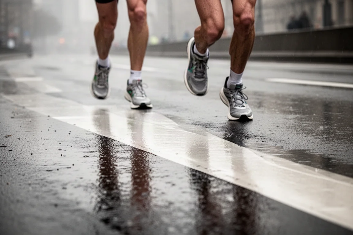 Marathon runner's legs on wet city streets in the late miles of a race