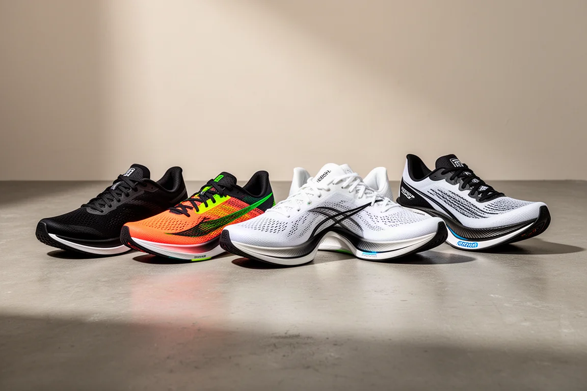Lineup of five modern running shoes on a concrete surface
