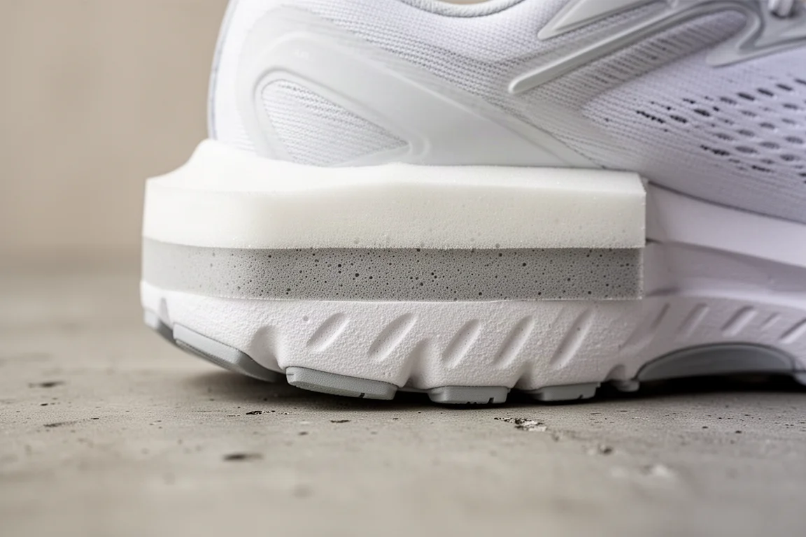 Close-up of layered running shoe midsole foam showing two-tone construction
