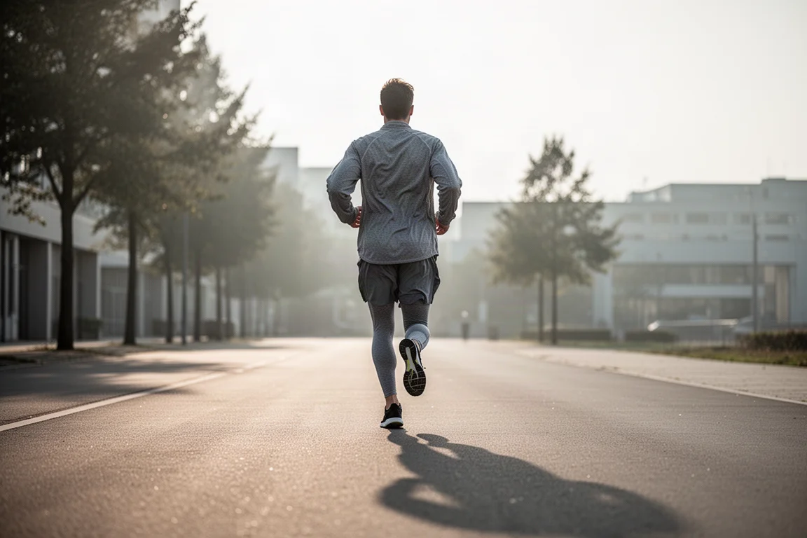 Runner jogging on an urban path in early morning light