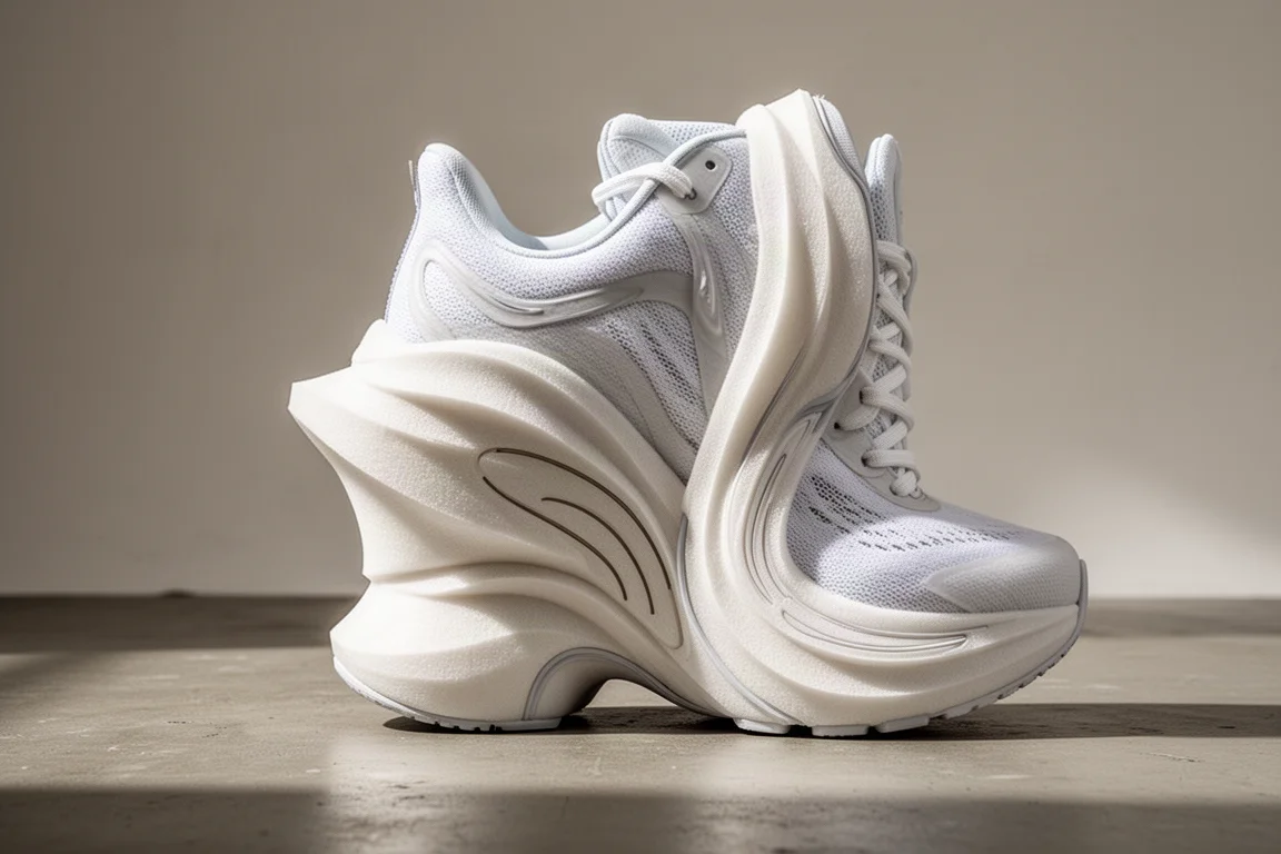 Very tall maximalist running shoe midsole stacked on concrete floor