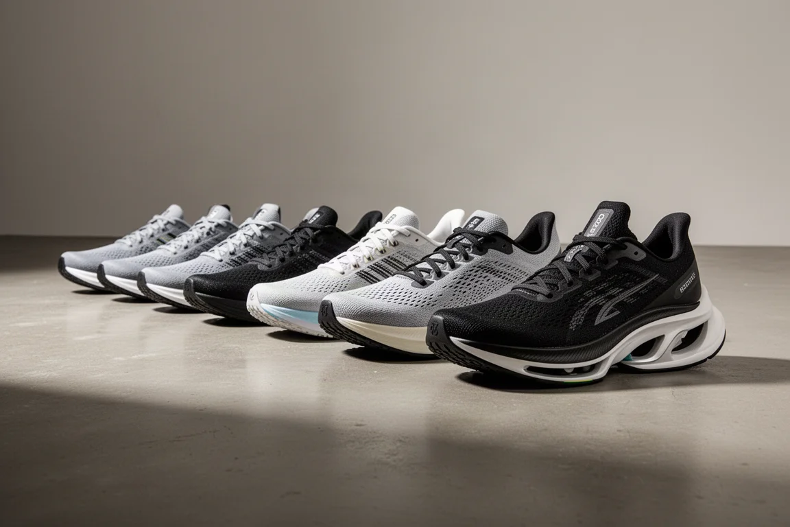 Acht Adidas-Laufschuhe vom niedrigen bis zum hohen Stack auf einem betonierten Studiofußboden aufgereiht