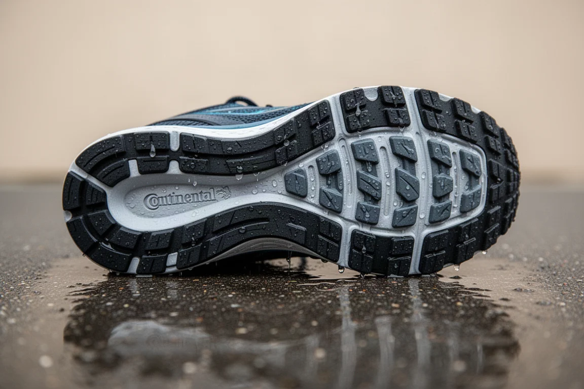 Gros plan sur la semelle extérieure d'une chaussure de running montrant unesemelle en caoutchouc durable