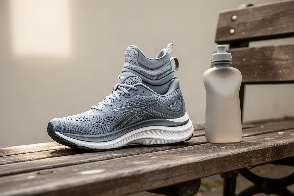 Chaussure de running à stack très haut posée sur un banc à côté d'une gourde après une longue sortie