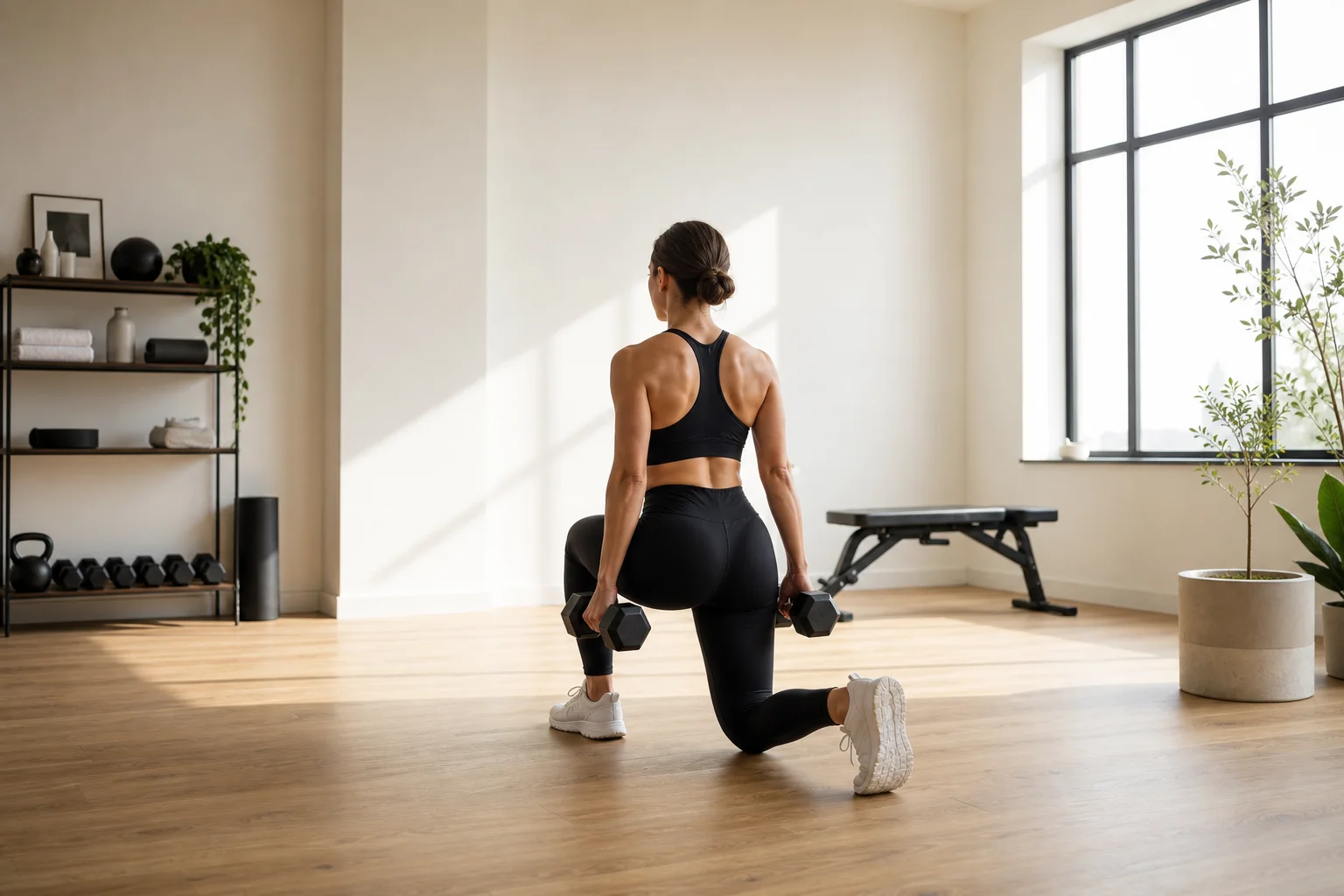 Person beim Training mit Kurzhanteln in einem hellen Home-Gym mit natürlichem Licht