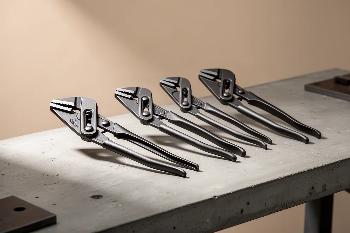 Four adjustable grip pliers arranged on a concrete workbench