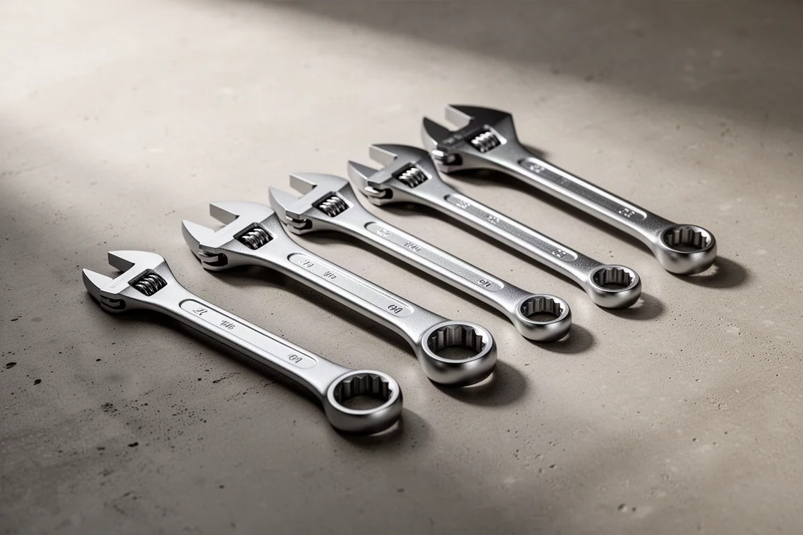 Row of adjustable wrenches of different sizes arranged on a concrete surface