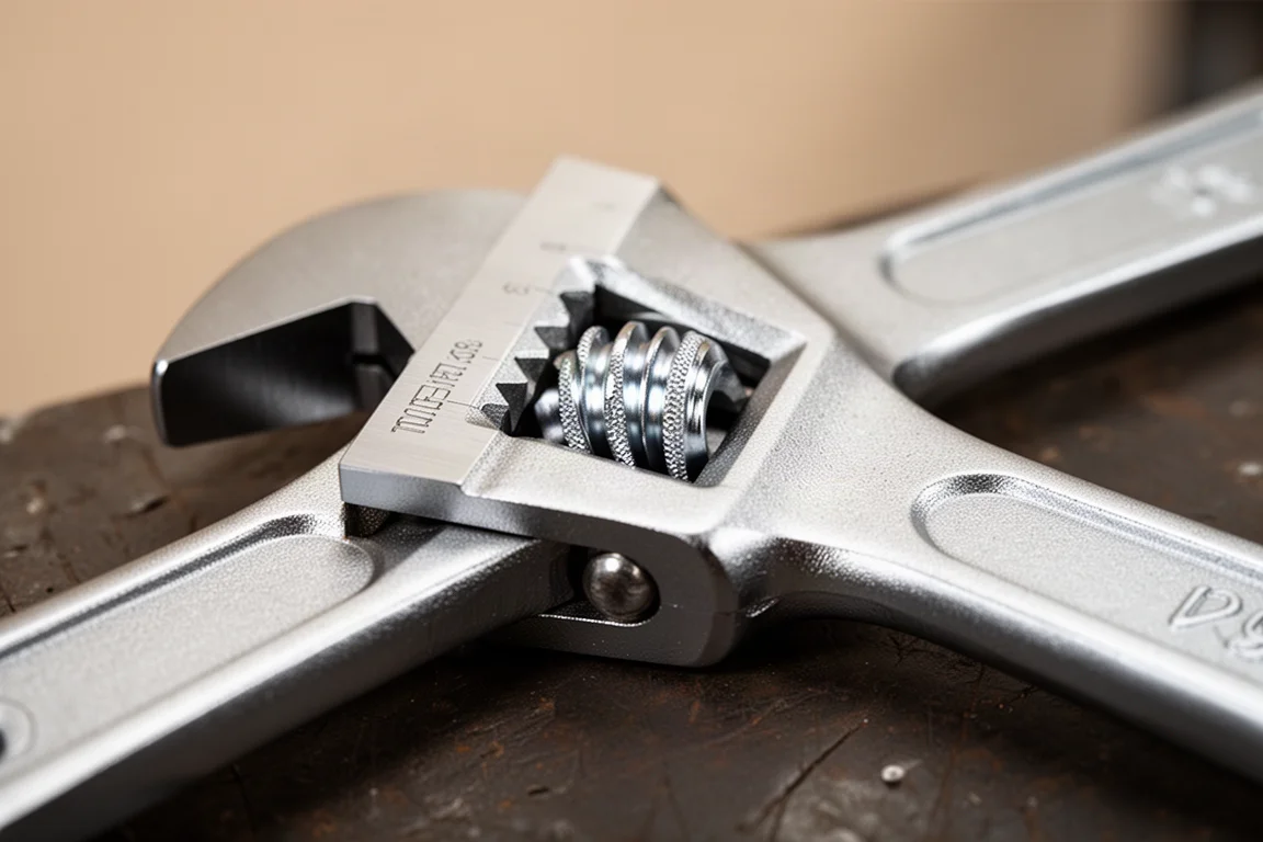 Close-up of an adjustable wrench worm gear with jaw teeth engaging the rack
