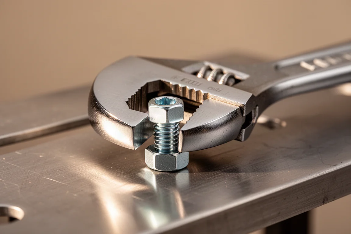 Adjustable wrench jaws gripping a hex bolt on a steel workbench