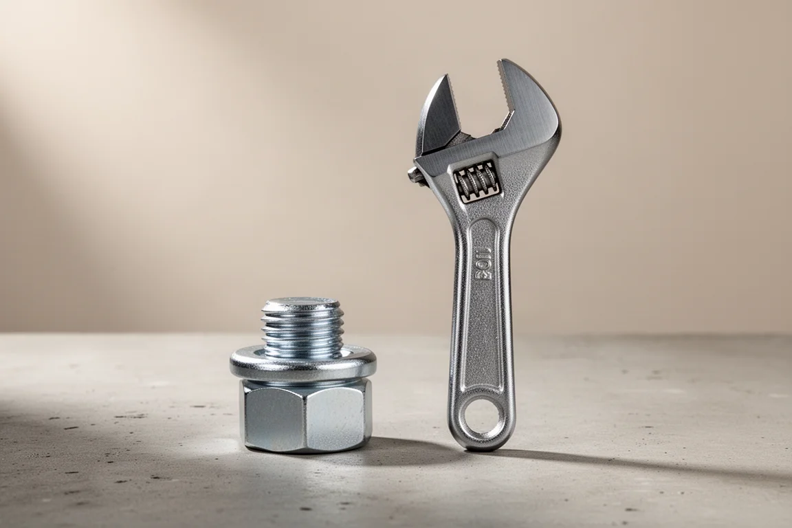Wide-open adjustable wrench jaws next to a large hex fastener for scale