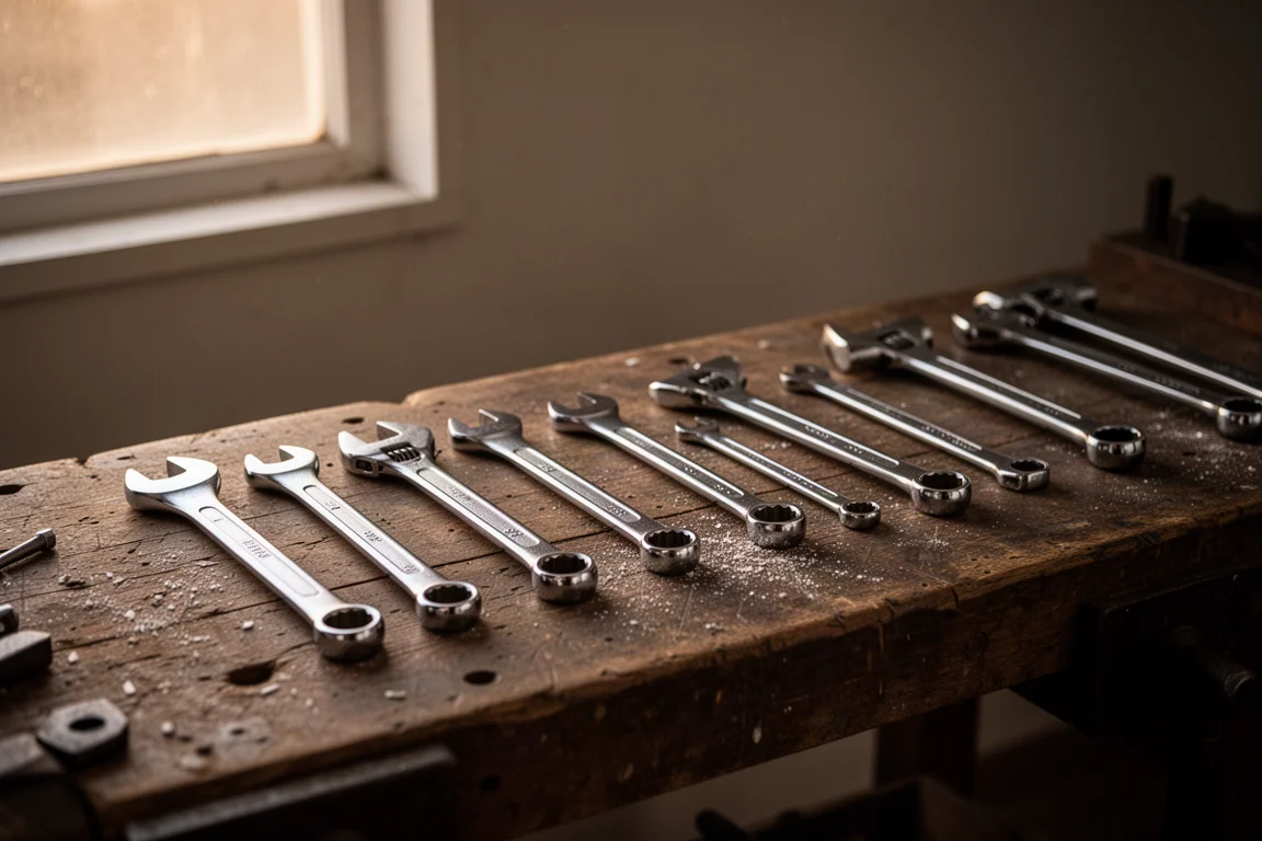 Hand tools neatly arranged on a workshop bench in soft evening light