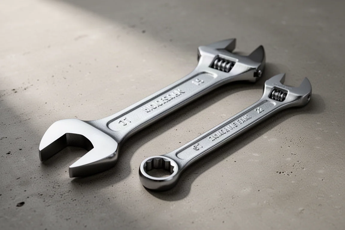 Large adjustable wrench jaws opened wide next to a smaller wrench for capacity comparison