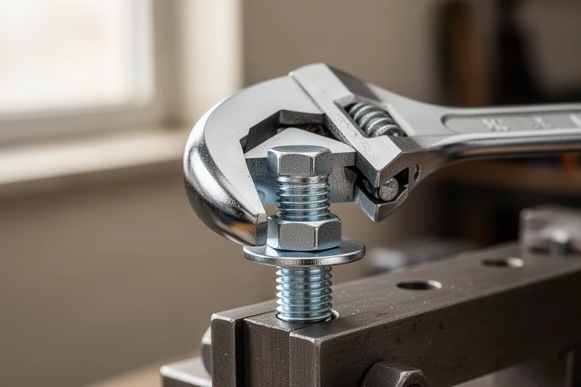 Wrench jaws gripping a hexagonal bolt head squarely on the flats