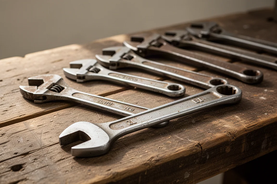 Vintage adjustable wrenches with worn chrome laid out on aged wood
