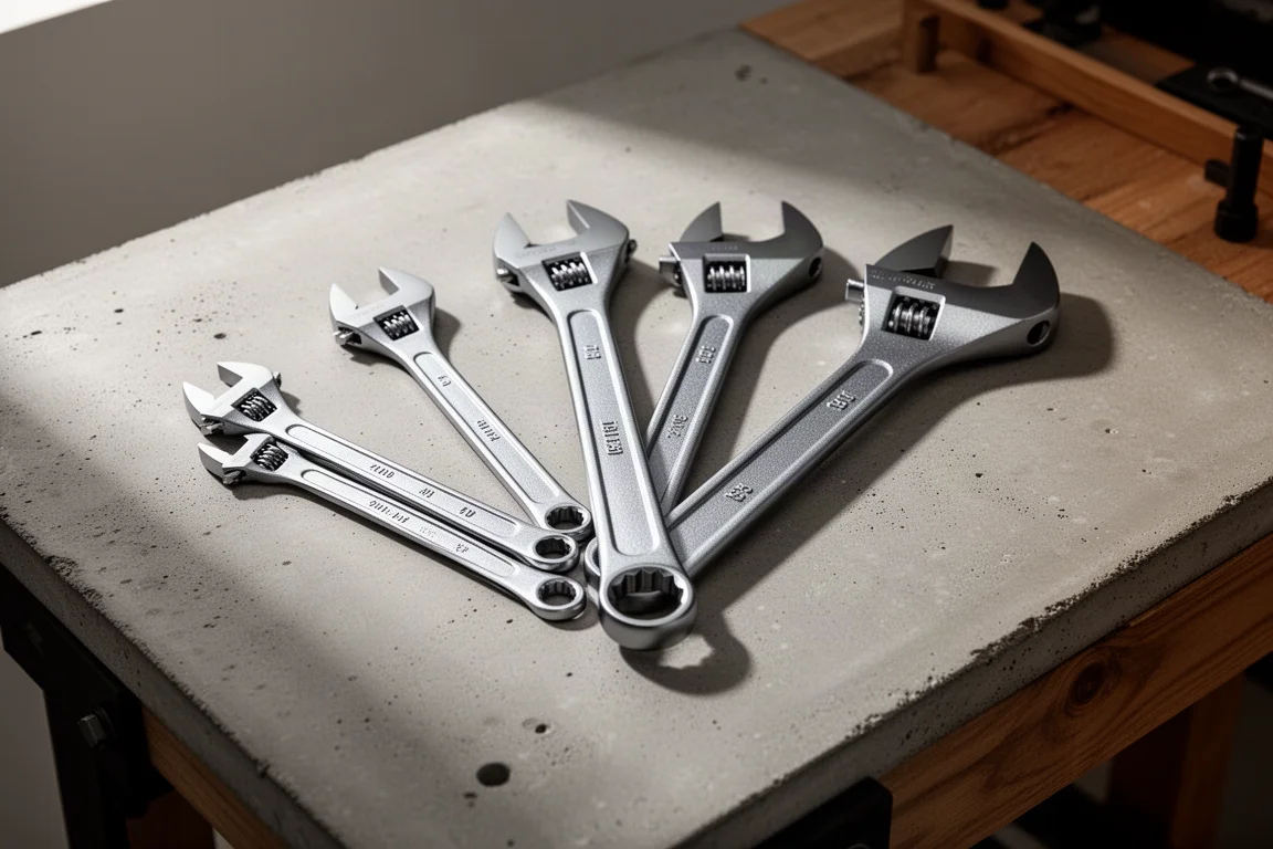 Collection of adjustable wrenches of various sizes arranged on a concrete workbench