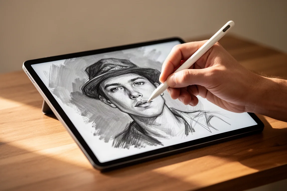 Hands using a stylus to shade a detailed illustration on a tablet screen