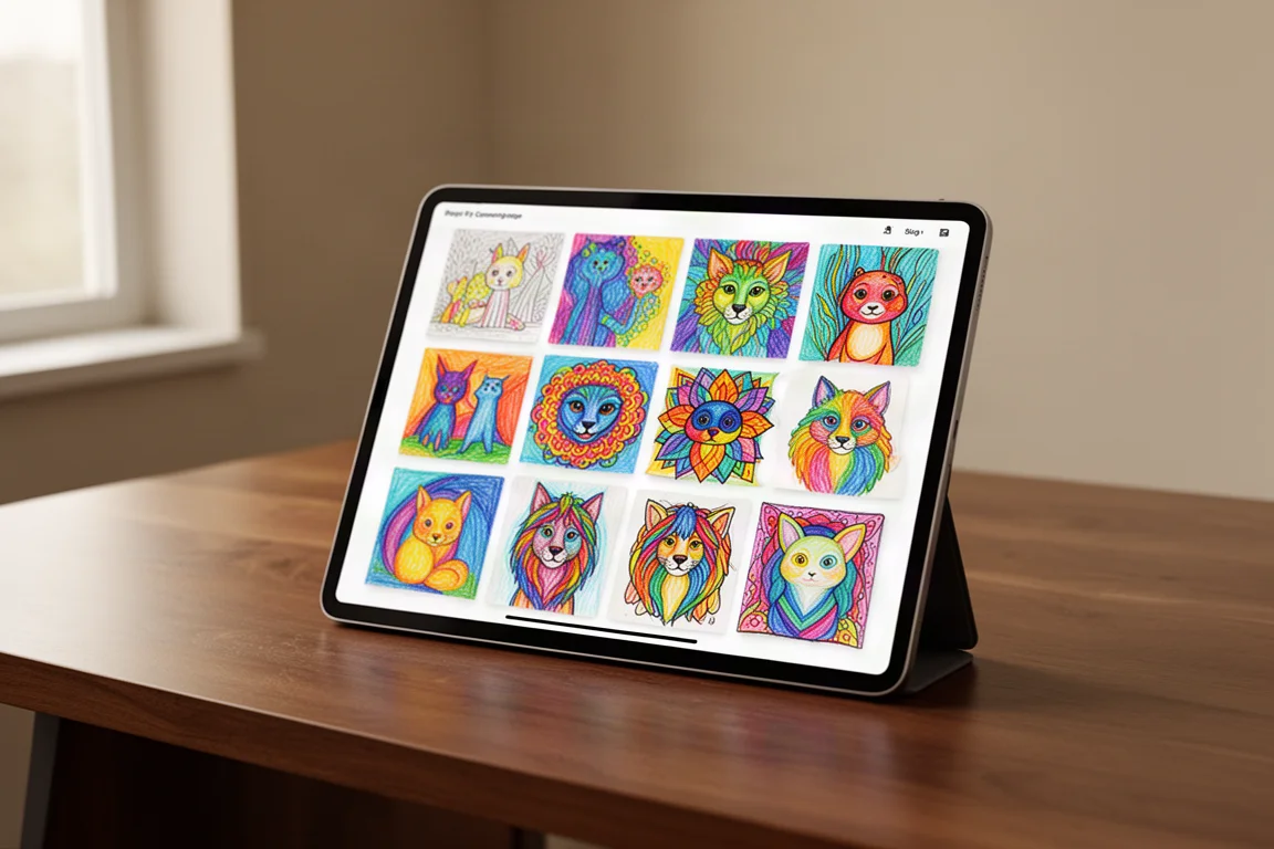 Community gallery of colorful completed coloring artworks on a tablet