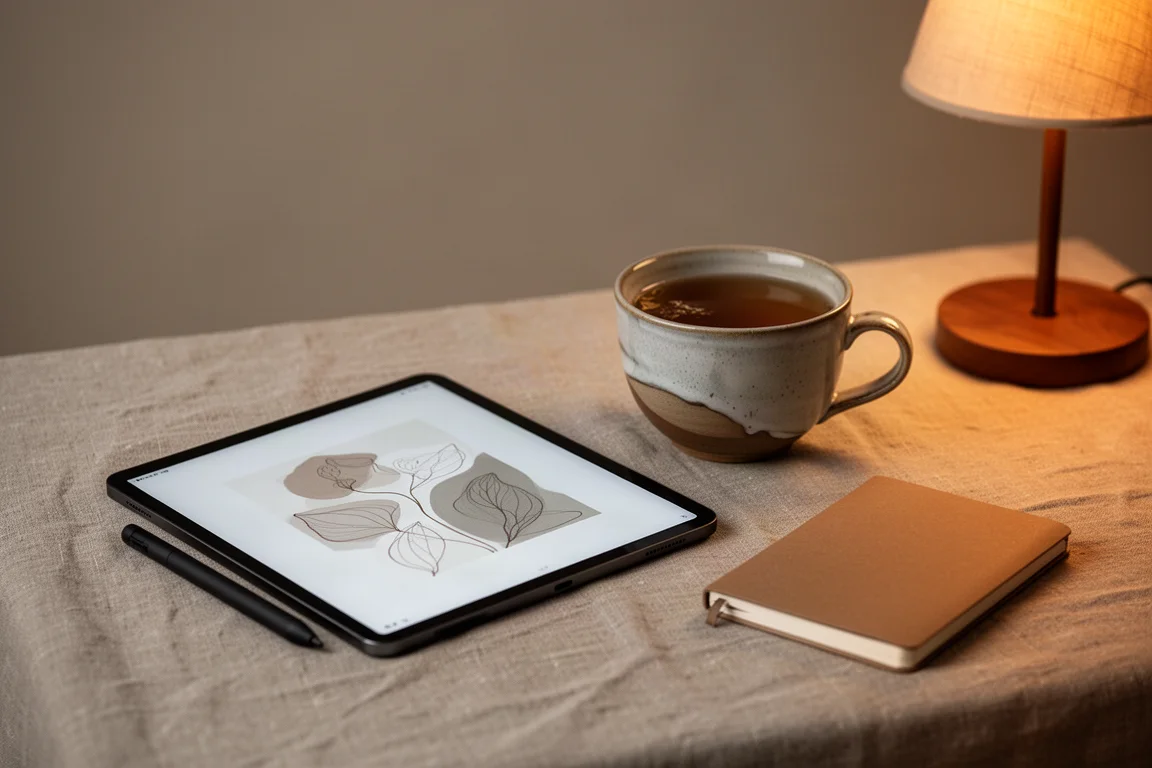 Cozy evening scene of a tablet and stylus beside a cup of tea