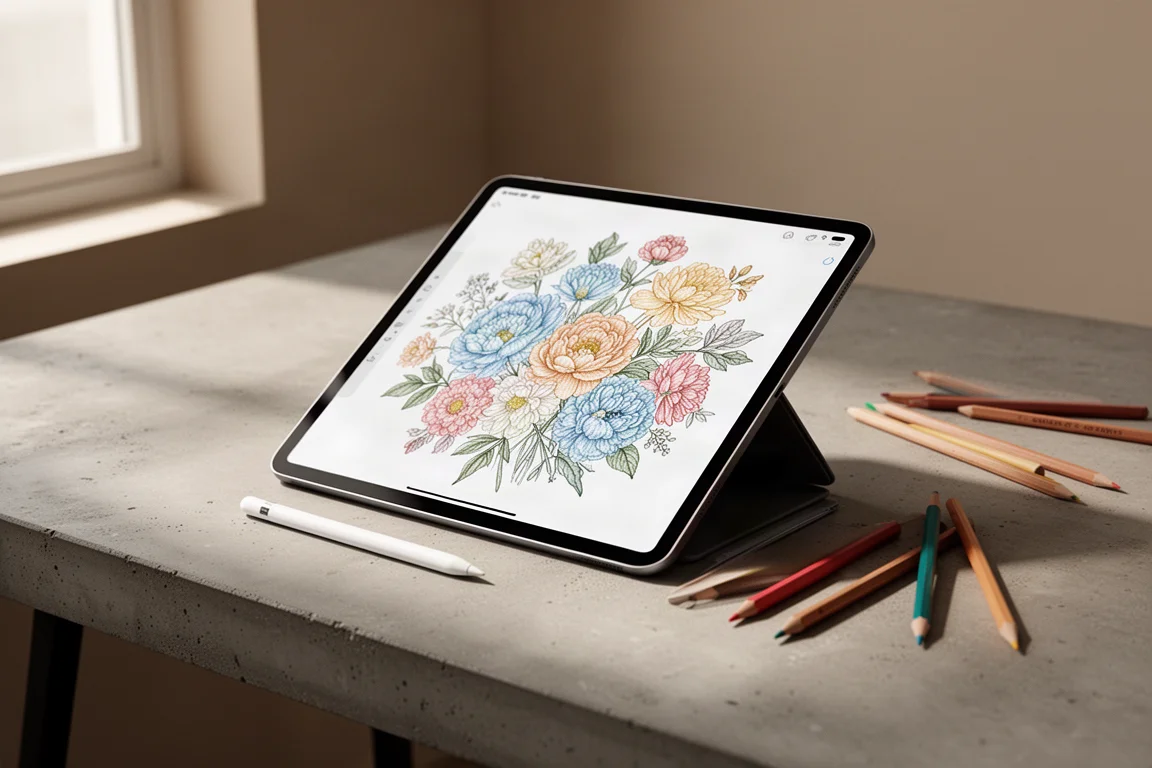 iPad z częściowo pokolorowaną ilustracją kwiatów i rysikiem na betonowym biurku