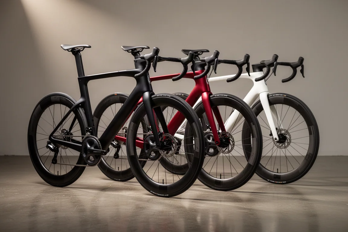 Tre moderna aeroracercyklar uppställda i profil på ett polerat betonggolv