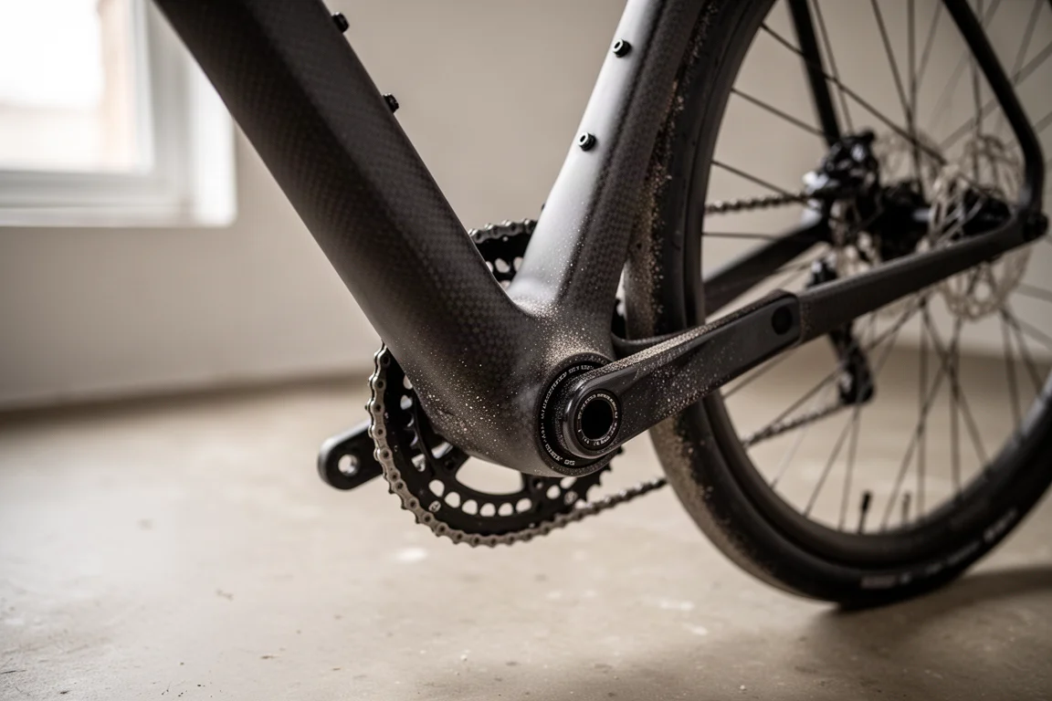 Détail d'un cadre de gravel en carbone montrant des profilés de tubes aéro carrés