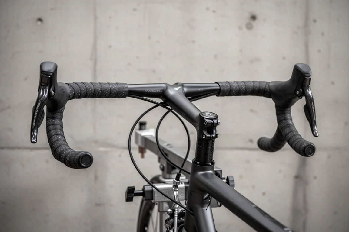 Gravel bike appuyé contre une clôture sur une petite route de campagne tranquille sous la pluie
