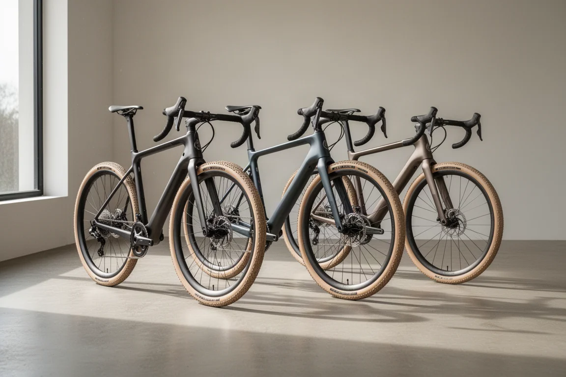 Fem aero-gravelcyklar uppställda på en betongyta i mjukt studioljus