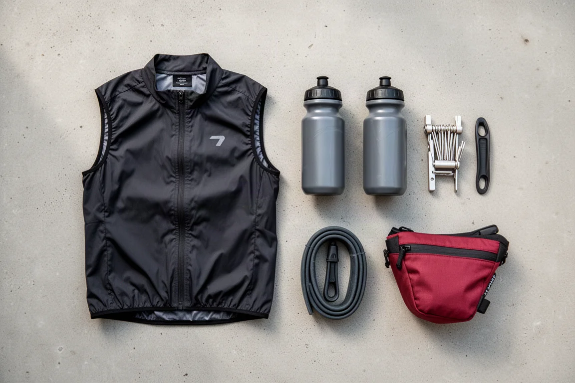 Overhead flat-lay of bike fit tools including torque wrench, spacers and stems