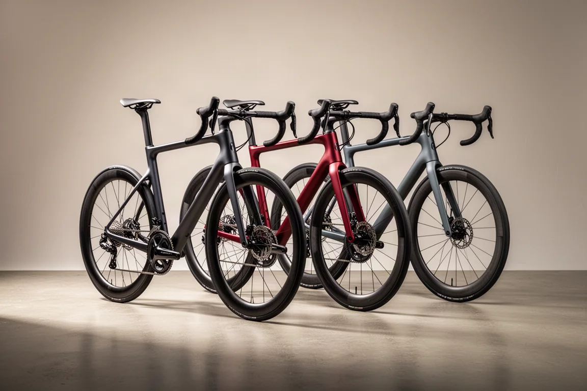 Three aero road bikes with deep carbon wheels arranged on polished concrete