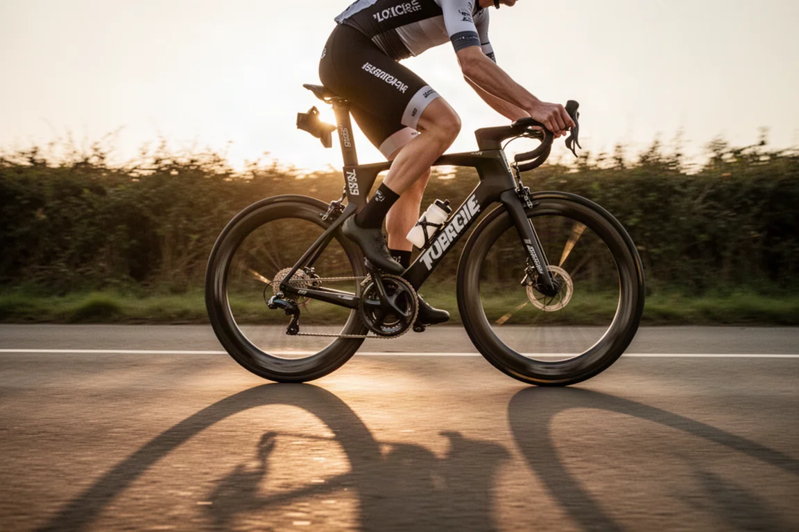 Aero racefiets die rijdt op een gladde vlakke weg tijdens het gouden uur