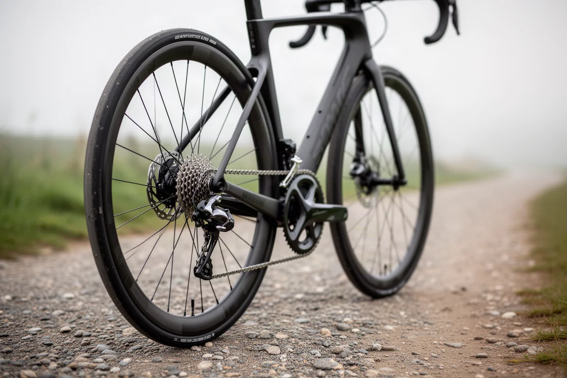 Detail van een aandrijflijn van een racefiets en brede achterband van achteren