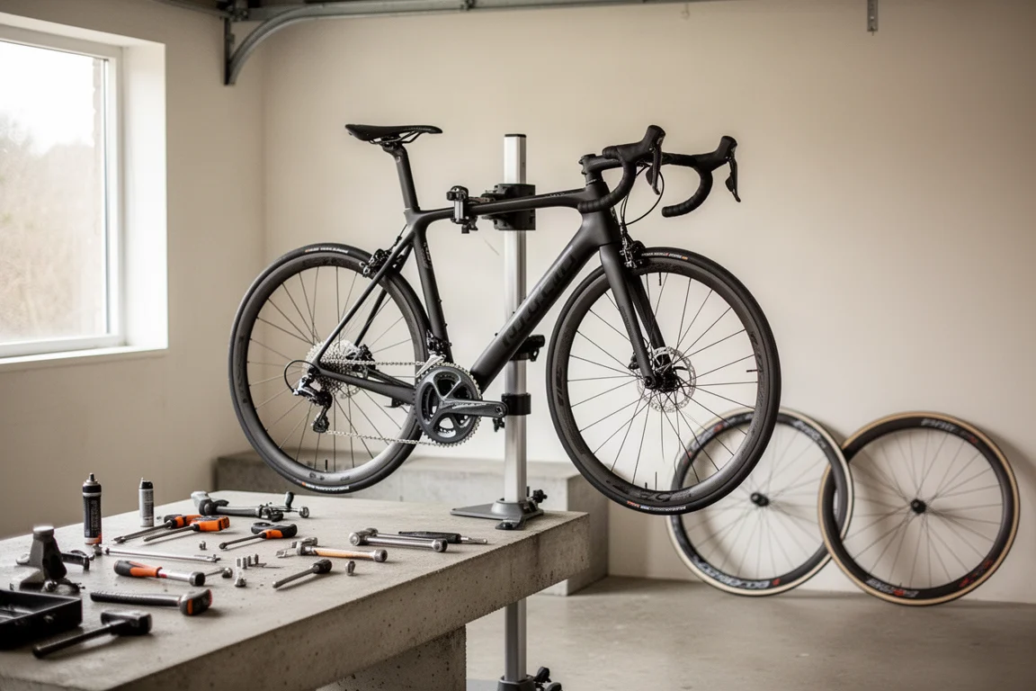 Wielen en framedetails van een racefiets in een reparatiestandaard in de werkplaats