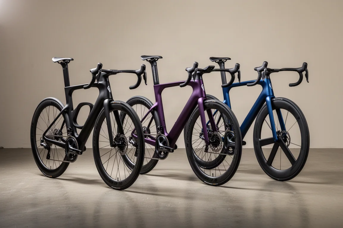 Drie aero racefietsen naast elkaar op een matte betonnen ondergrond
