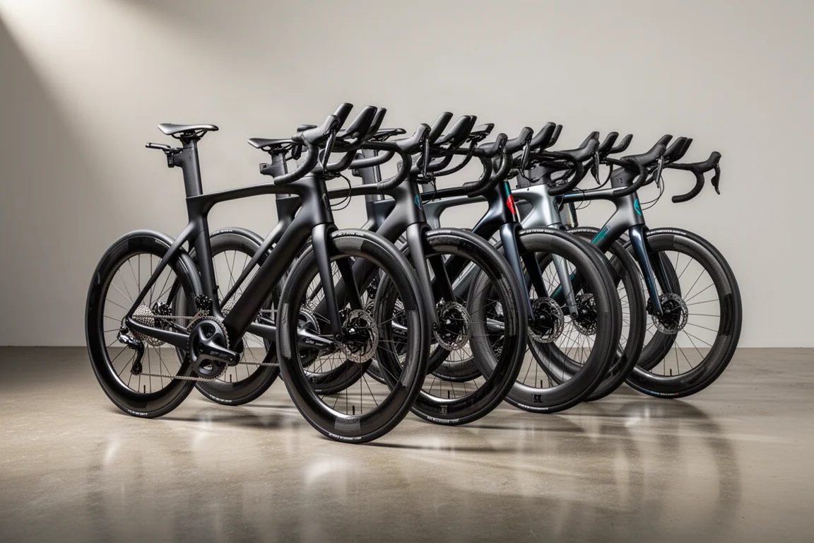 Three aero road bikes lined up on grey concrete in soft studio light