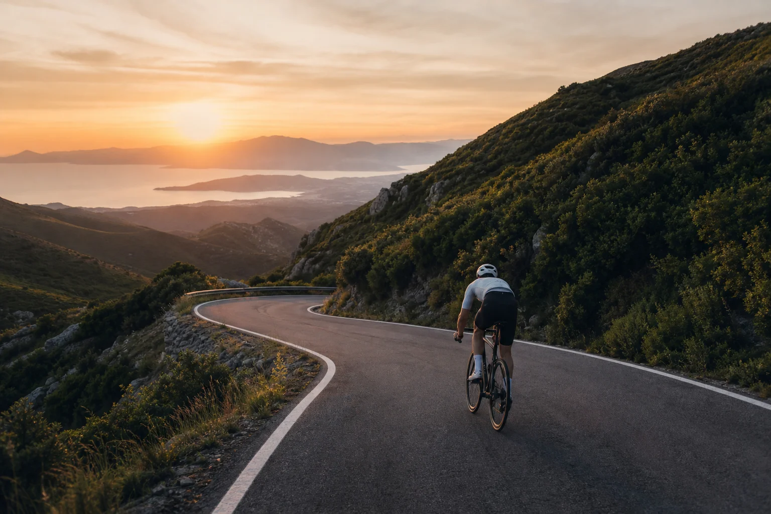 Cyclist wearing aero helmet descending mountain road in evening light