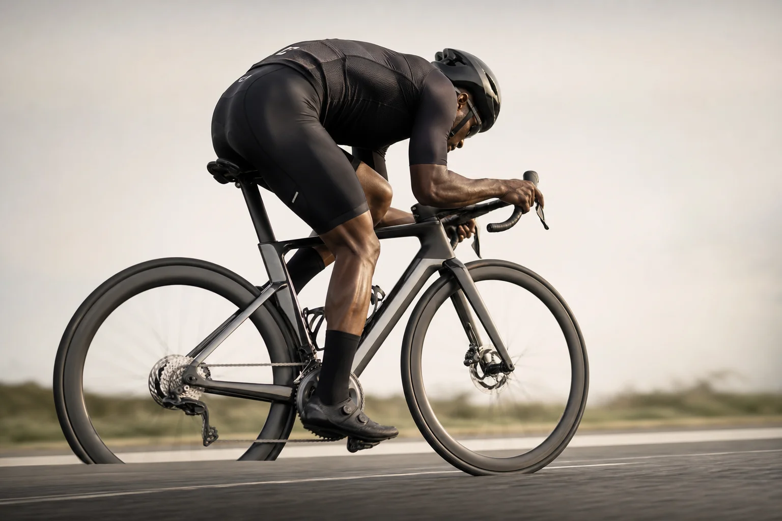 Professional cyclist in sprint position wearing lightweight aero helmet