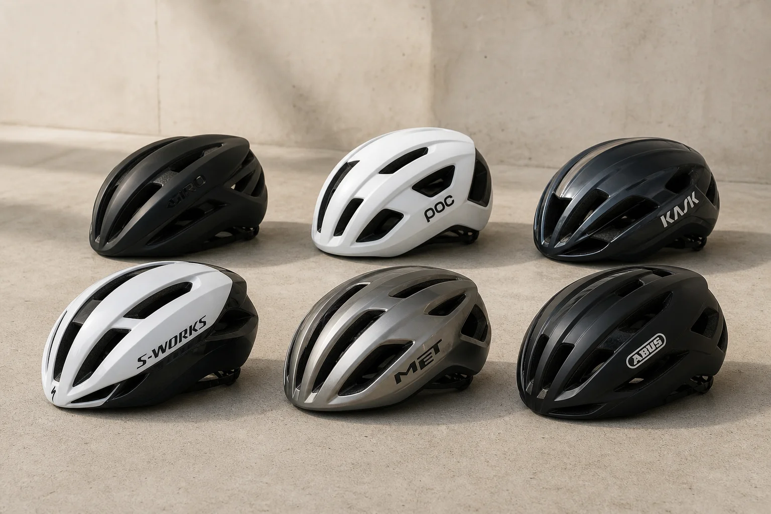Six aerodynamic road cycling helmets arranged on concrete surface