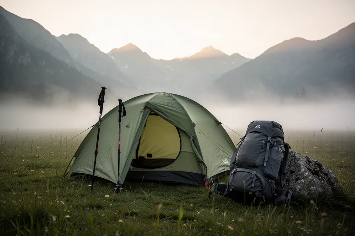 Namiot na kije trekkingowe rozbity na zamglonej górskiej łące z załadowanym plecakiem