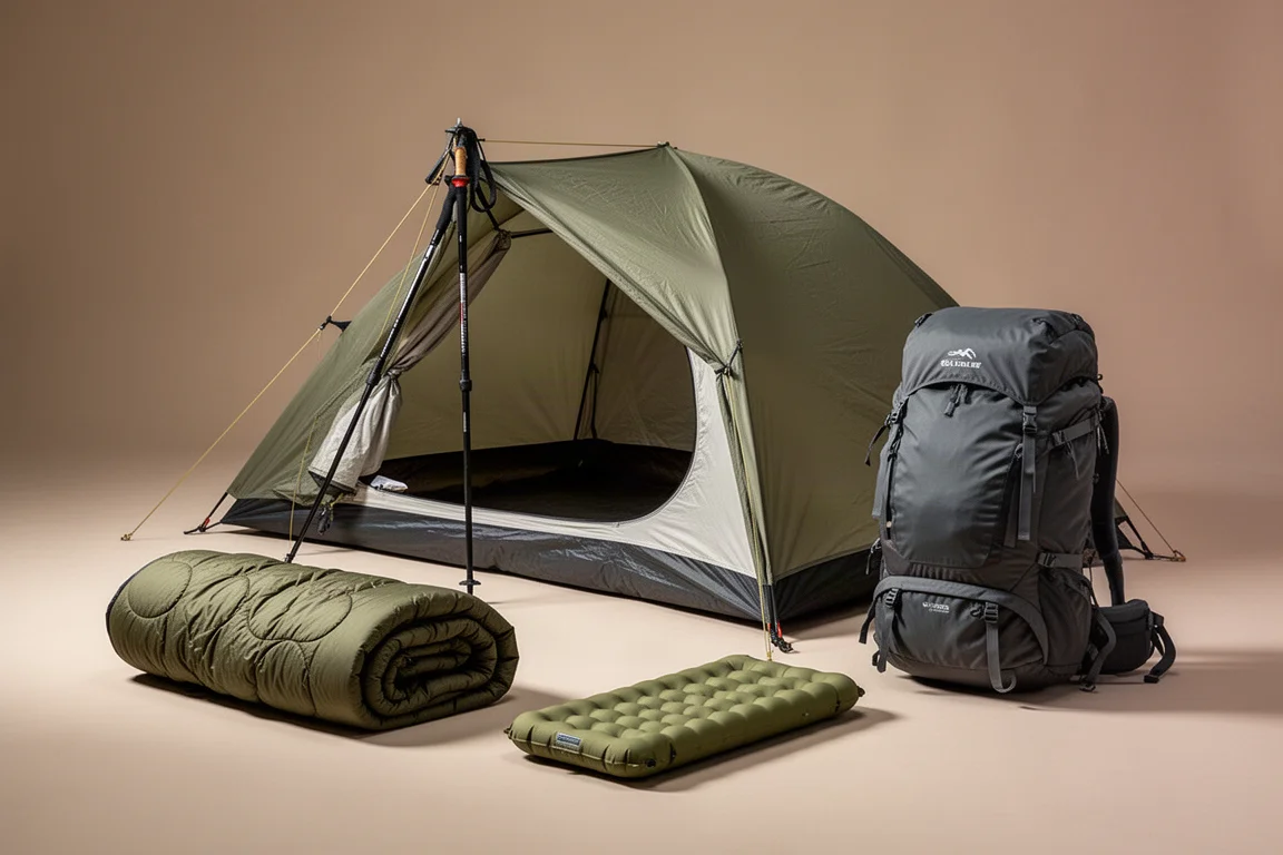 Trekking pole tent, down quilt, sleeping pad, and 65 litre backpack arranged on a neutral surface