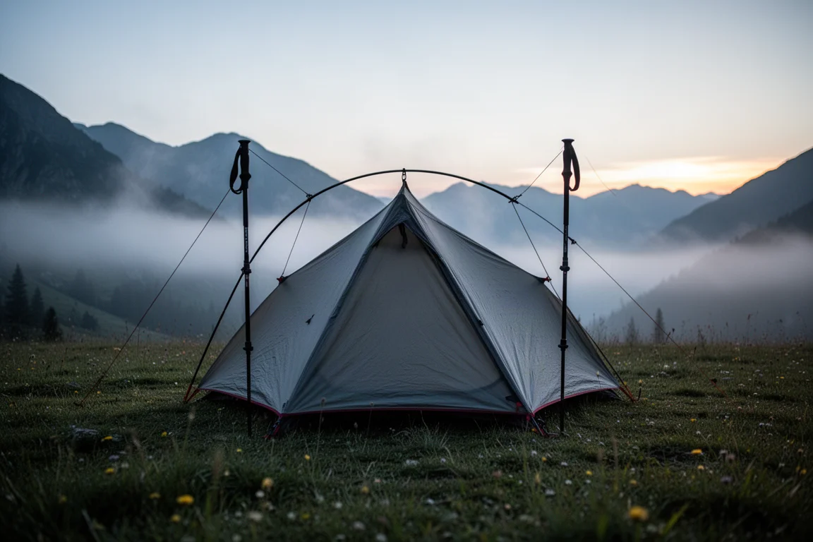 Namiot na kijki trekkingowe rozbity na trawiastej alpejskiej łące o zmierzchu z mgłą w dolinie