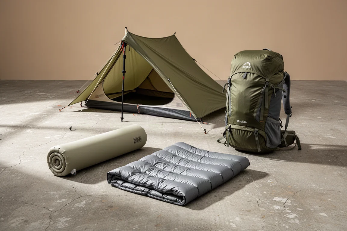 Backpacking tent, sleeping pad, down quilt and 65-litre backpack arranged on concrete