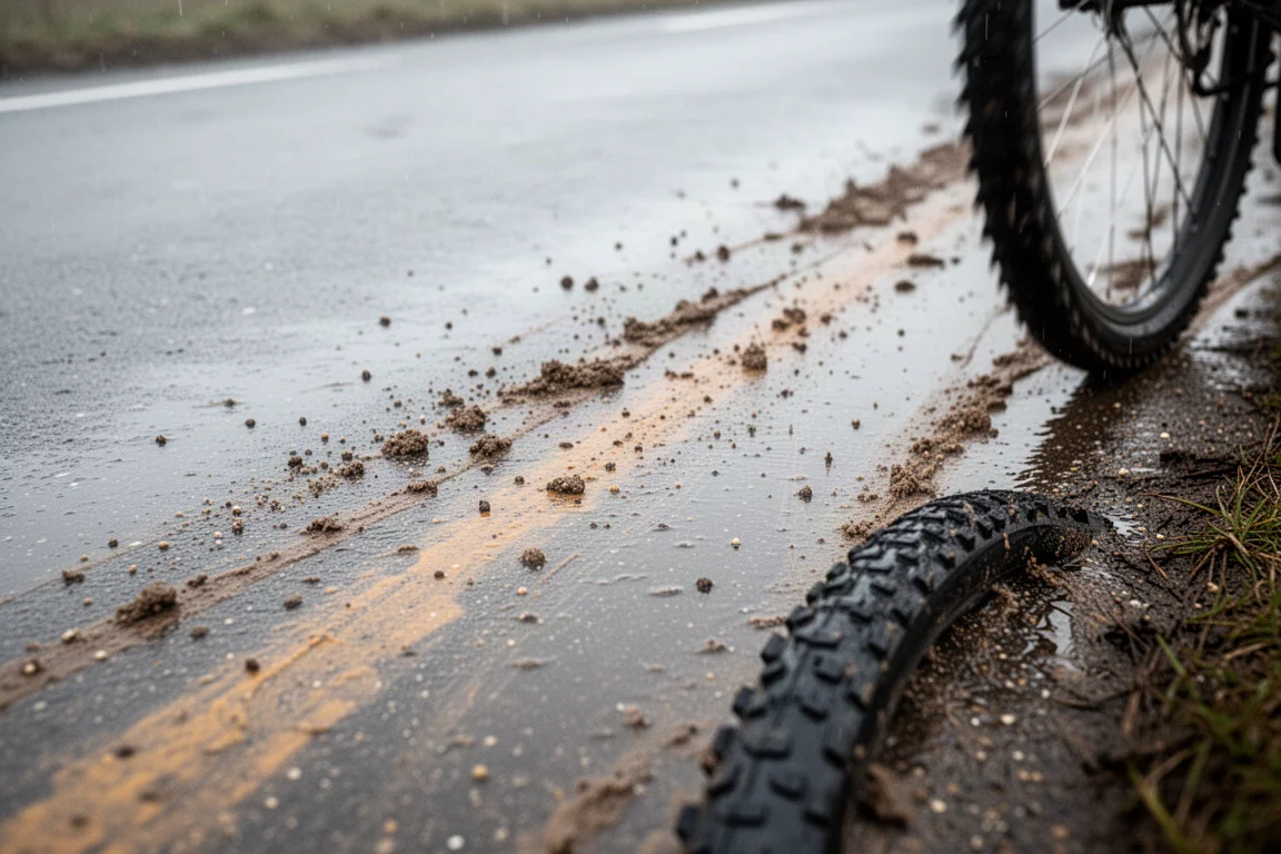 Våt vintervägbana med grus och lera nära slitbanan på ett cykeldäck
