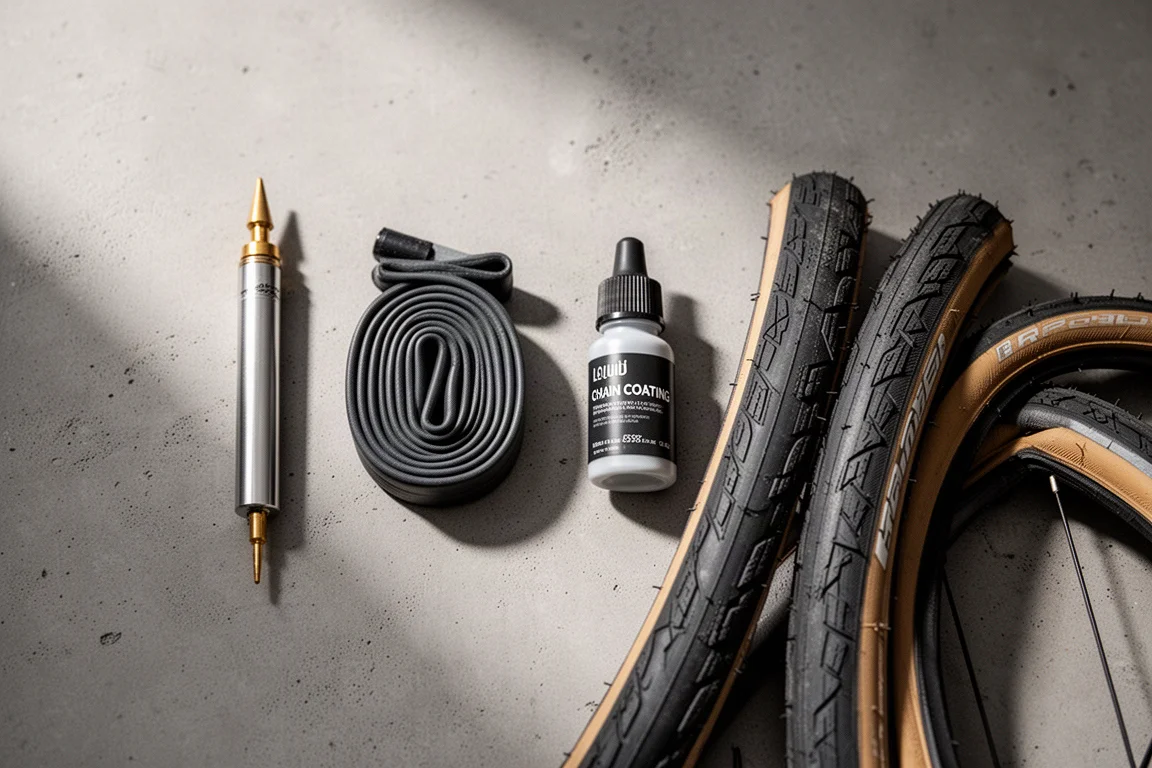 Tubeless plugtool, compacte binnenband, fles kettingolie en twee racefietsbanden op beton