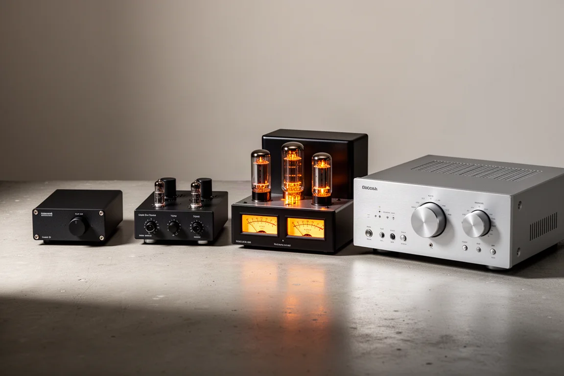 Four compact hi-fi amplifiers arranged on a concrete surface in studio light