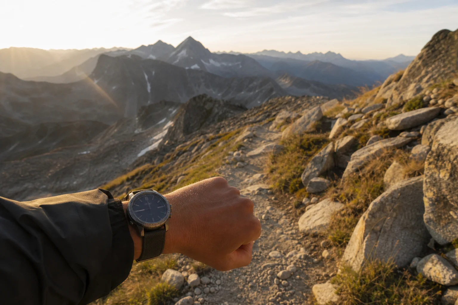 Wanderer auf einem felsigen Bergpfad mit einer GPS-Uhr am Handgelenk