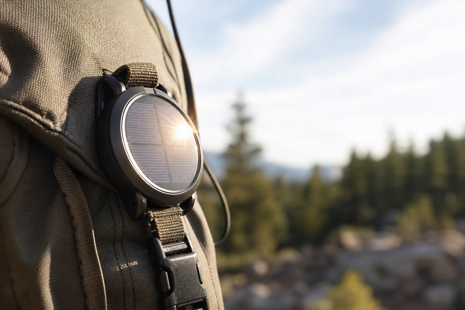 Solar-Zifferblatt, das helles Sonnenlicht auf einem Wanderrucksack einfängt